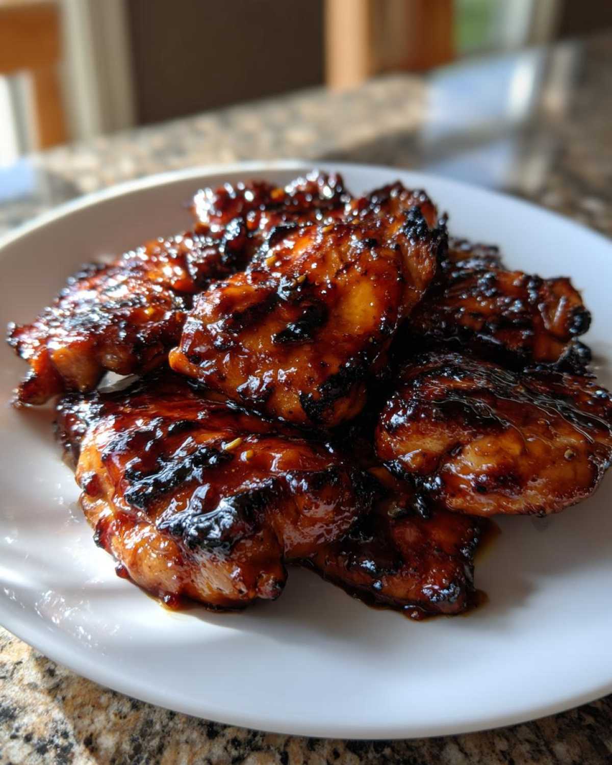 A pile of perfectly cooked Honey Garlic Boneless Chicken Thighs coated in a thick, dark, glossy glaze.
