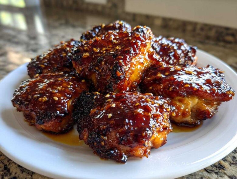 A plate piled high with sticky, glazed Honey Garlic Boneless Chicken Thighs sprinkled with sesame seeds.