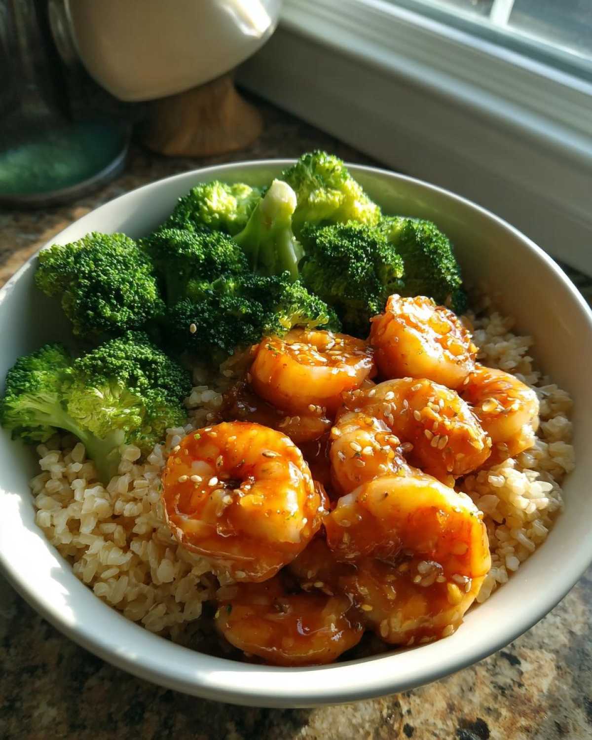 A bowl of Honey Garlic Shrimp Bowls featuring glazed shrimp, steamed broccoli, and brown rice, sprinkled with sesame seeds.