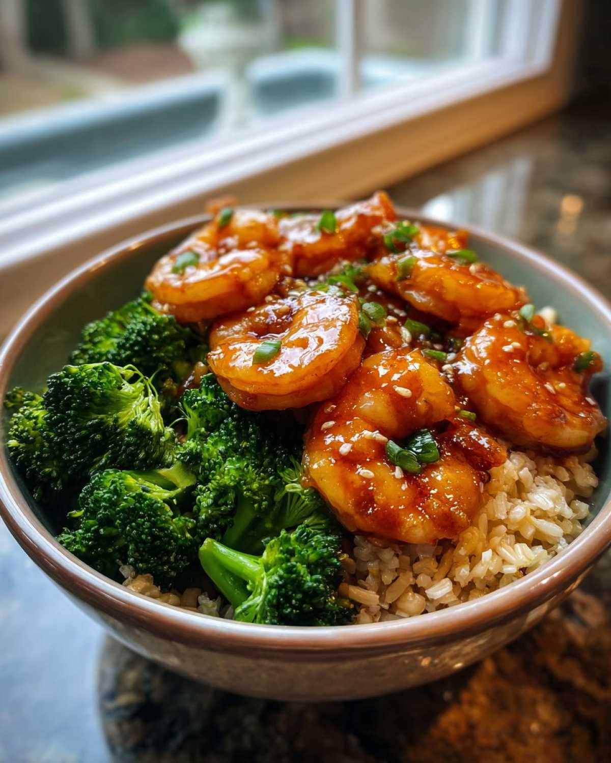 A bowl filled with brown rice, steamed broccoli, and glazed Honey Garlic Shrimp, garnished with sesame seeds.