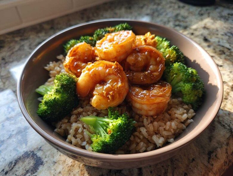 A close-up of a bowl filled with brown rice, bright green broccoli florets, and glossy, glazed shrimp, ready to eat as Honey Garlic Shrimp Bowls.