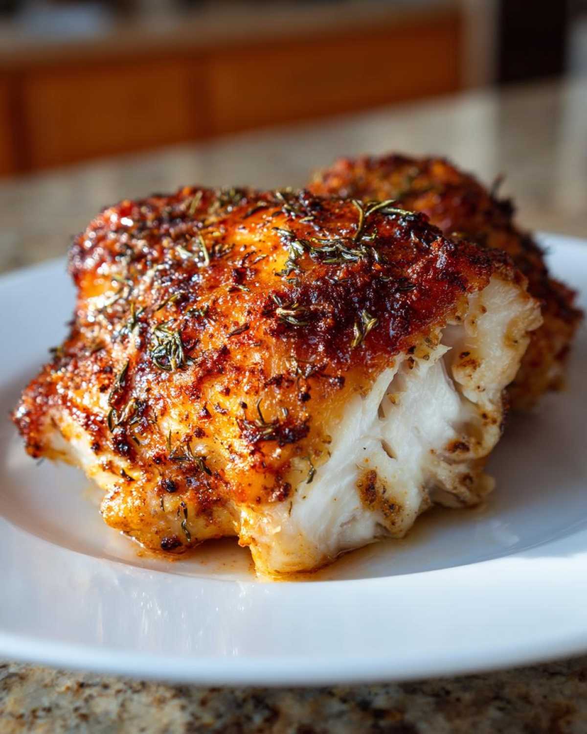 Close-up of a perfectly cooked Oven-Baked Chicken Thighs piece showing moist white meat and a crispy, herb-crusted exterior.