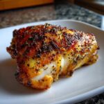 Close-up of a juicy, golden-brown Oven-Baked Chicken Thighs piece seasoned heavily with herbs.