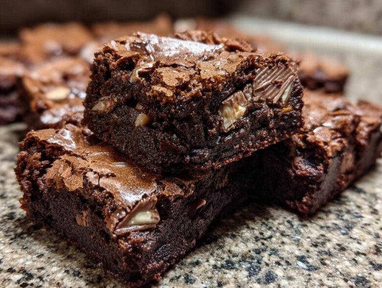 Close-up of two stacked, fudgy Kit Kat Brownie Bars showing a shiny, crackly top and visible pieces of Kit Kat candy inside.