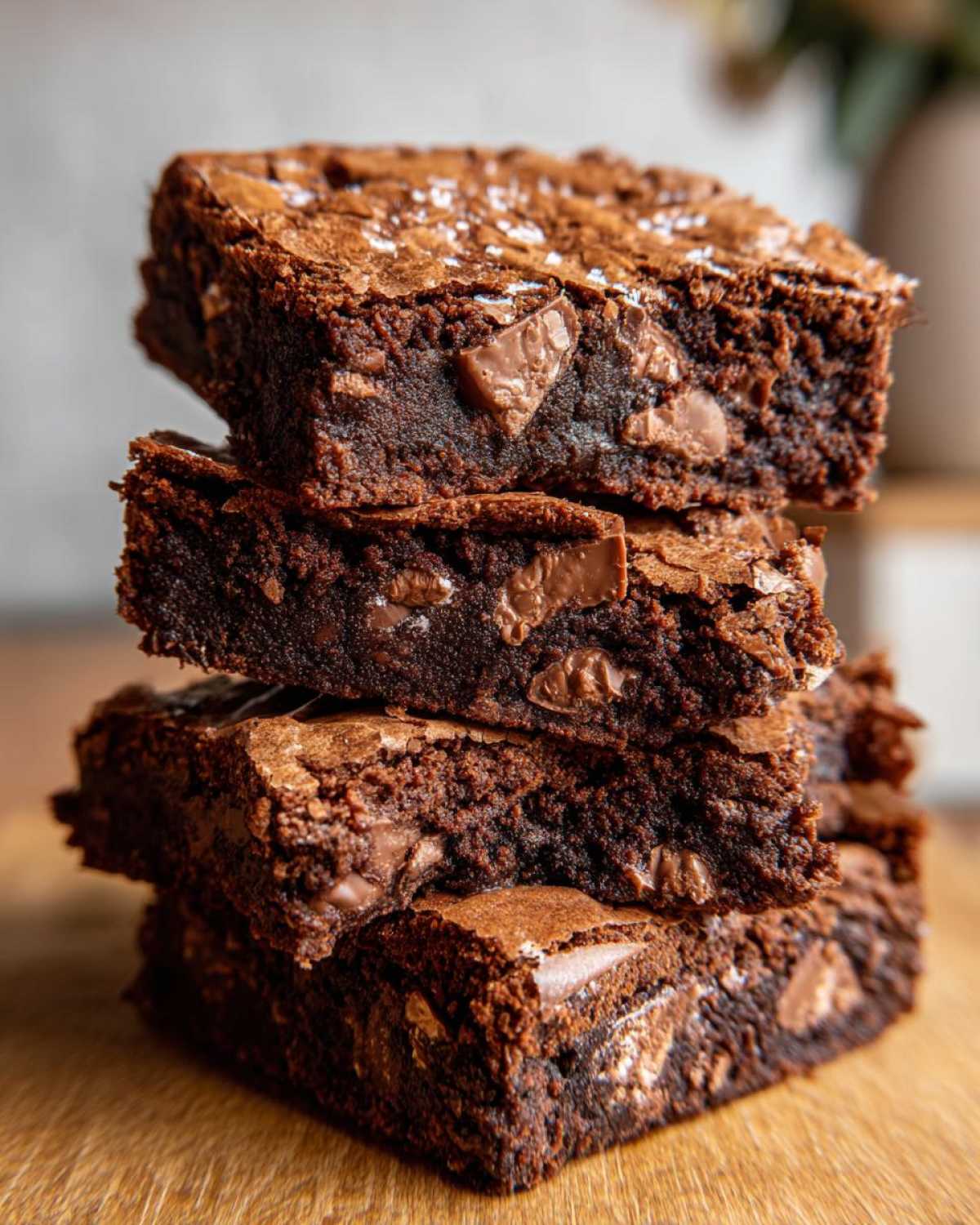 A close-up stack of four fudgy Kit Kat Brownie Bars, showing chunks of chocolate and a flaky top.