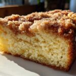 Close-up of a moist slice of Lemon Coffee Cake with Lemon Crumb Topping, showing the tender crumb and sugary topping.