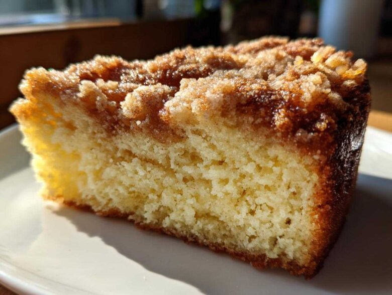 Close-up of a moist slice of Lemon Coffee Cake with Lemon Crumb Topping, showing the tender crumb and sugary topping.