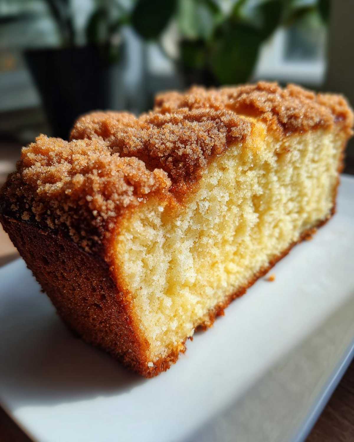 Close-up of a moist slice of Lemon Coffee Cake with Lemon Crumb Topping, showing the golden crumb and sugary topping.