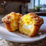 Close-up of a Lemon Muffins with Cream Cheese Filling cut in half, showing the bright white center.