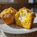 Two Lemon Muffins with Cream Cheese Filling on a plate, one cut open to show the creamy center.