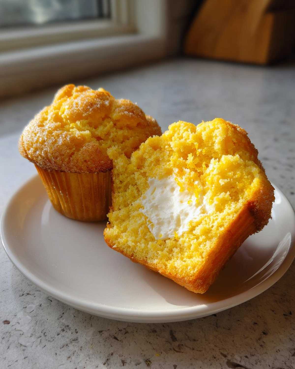 Two bright yellow Lemon Muffins with Cream Cheese Filling on a white plate, one cut in half showing the white center.