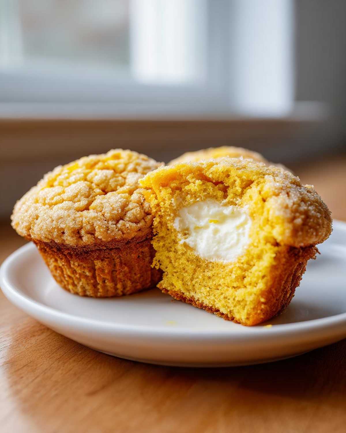 Close-up of a Lemon Muffins with Cream Cheese Filling, one cut open to show the creamy center.