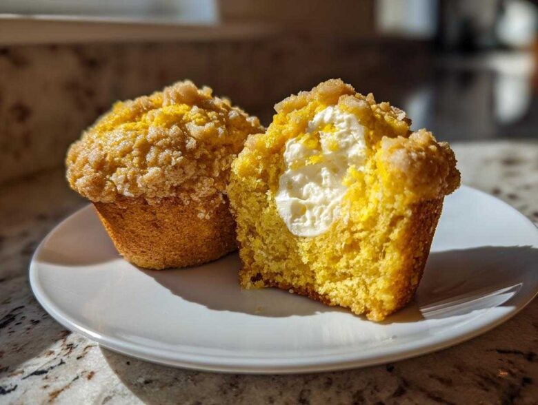 Two Lemon Muffins with Cream Cheese Filling on a plate, one cut open to show the creamy center.