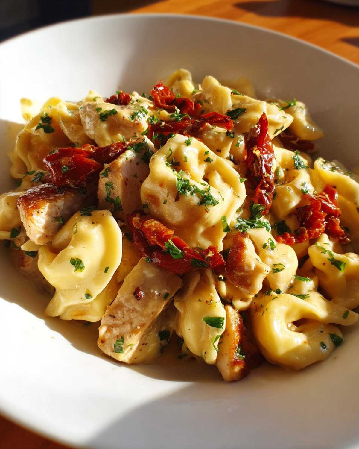 Close-up of Marry Me Chicken Tortellini tossed in a creamy sauce with sun-dried tomatoes and parsley.