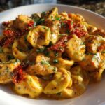 Close-up of Marry Me Chicken Tortellini dish featuring creamy sauce, chicken pieces, and sun-dried tomatoes.