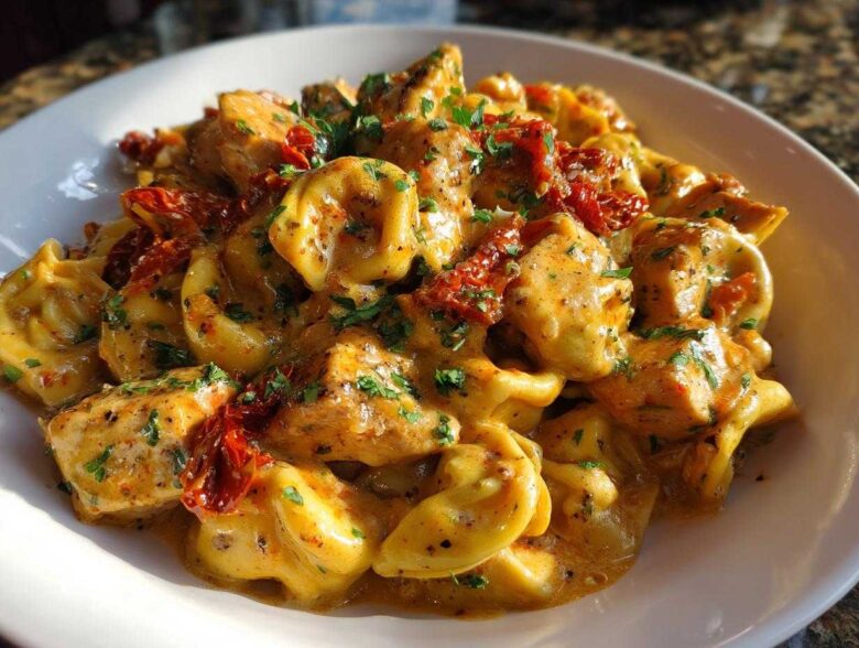 Close-up of Marry Me Chicken Tortellini dish featuring creamy sauce, chicken pieces, and sun-dried tomatoes.