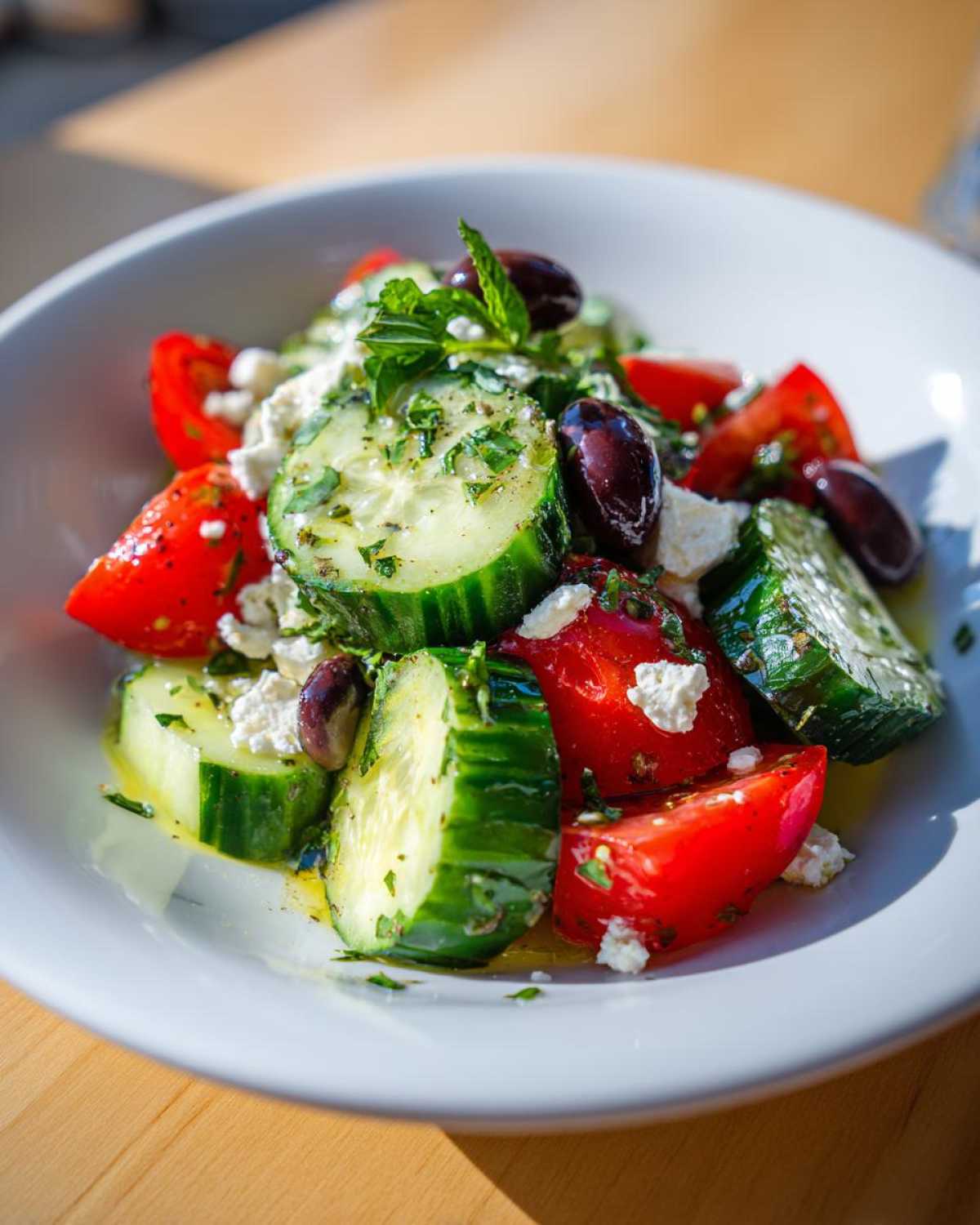 Close-up of a fresh Mediterranean Cucumber Salad featuring thick cucumber slices, bright red tomatoes, feta cheese, and Kalamata olives.
