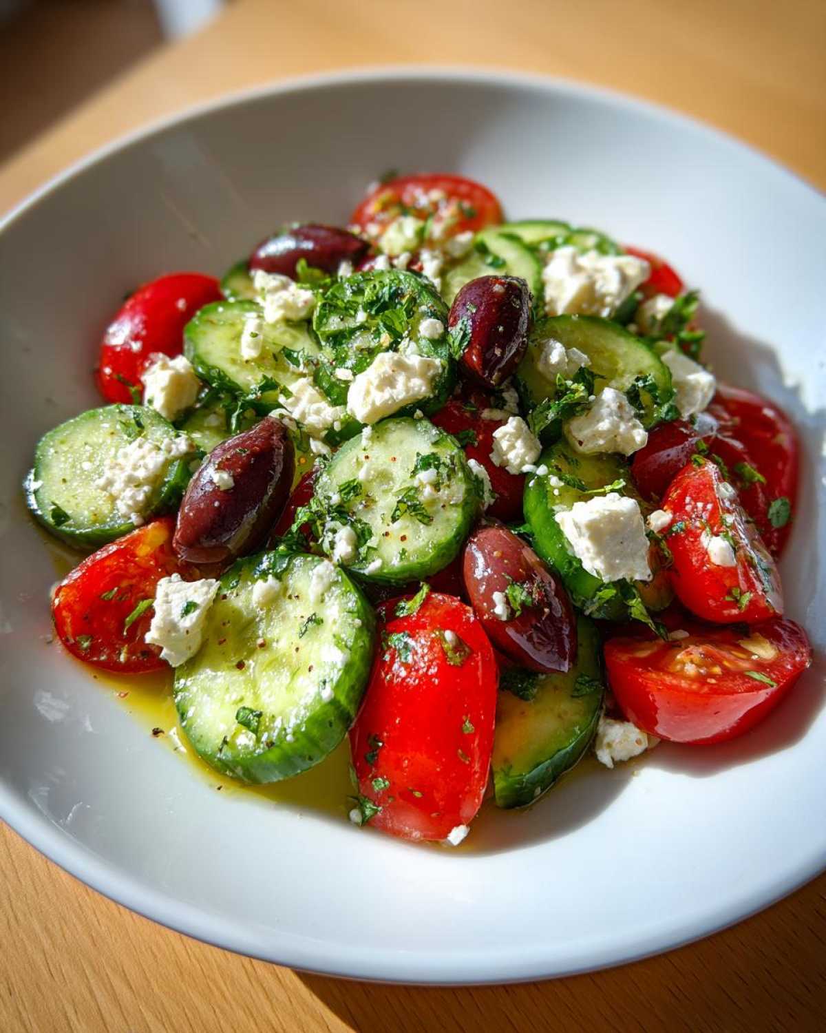 Close-up of a vibrant Mediterranean Cucumber Salad featuring sliced cucumbers, cherry tomatoes, Kalamata olives, and feta cheese.