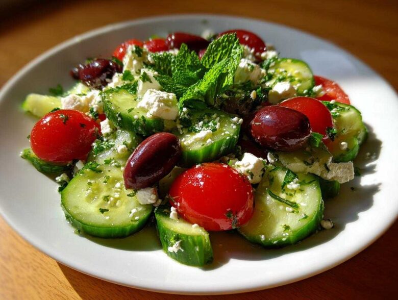 Close-up of a fresh Mediterranean Cucumber Salad featuring sliced cucumbers, cherry tomatoes, Kalamata olives, and feta cheese.
