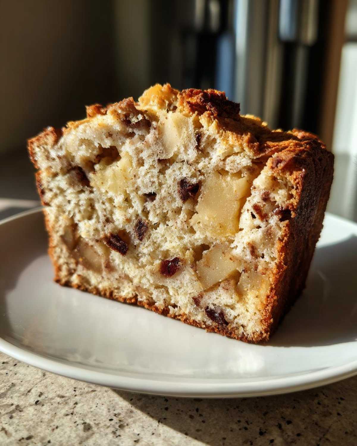 Close-up of a thick slice of moist Apple Cinnamon Bread showing chunks of apple and raisins.