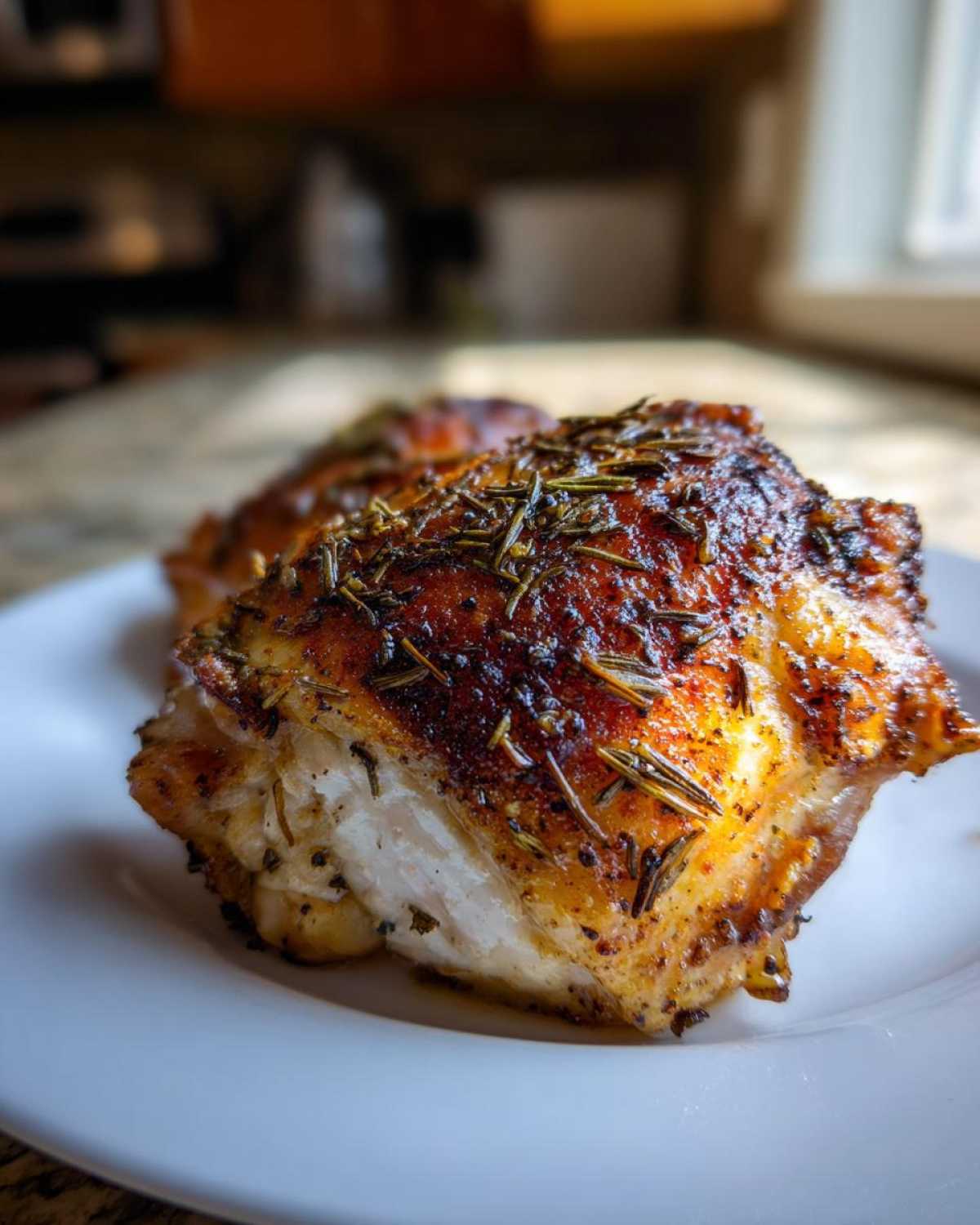 Close-up of a perfectly crispy Oven-Baked Chicken Thighs seasoned with dried rosemary on a white plate.