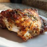 Close-up of a perfectly cooked Oven-Baked Chicken Thighs with golden, crispy skin seasoned with rosemary.