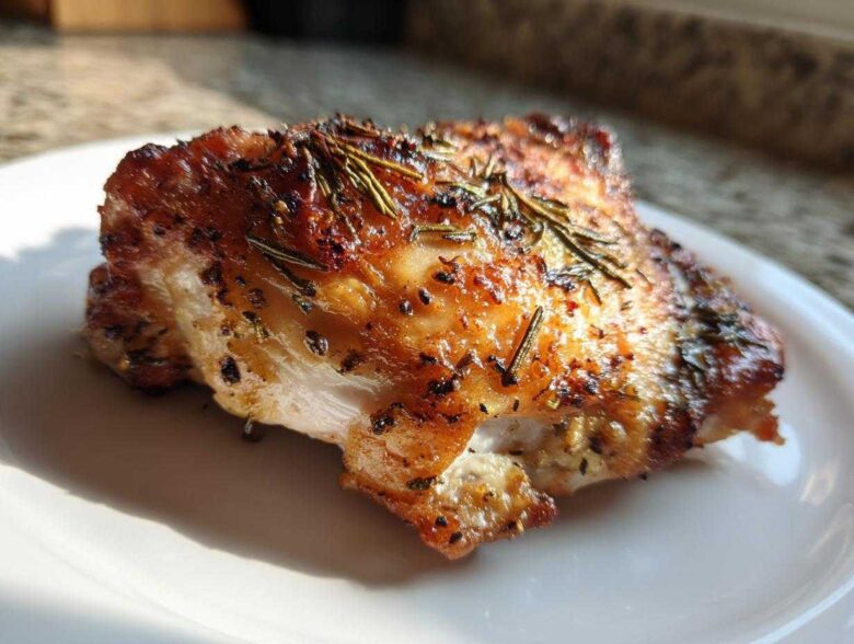 Close-up of a perfectly cooked Oven-Baked Chicken Thighs with golden, crispy skin seasoned with rosemary.
