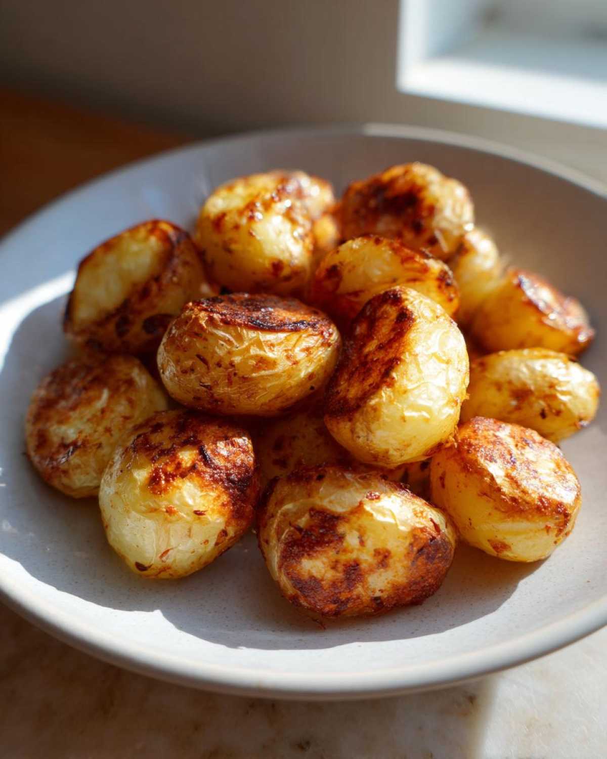 A close-up of perfectly Oven Roasted Baby Potatoes piled high in a light gray bowl, showing golden, crispy, and slightly browned skins.