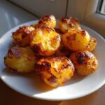 A pile of golden brown, crispy Oven Roasted Baby Potatoes served on a white plate, catching bright sunlight.