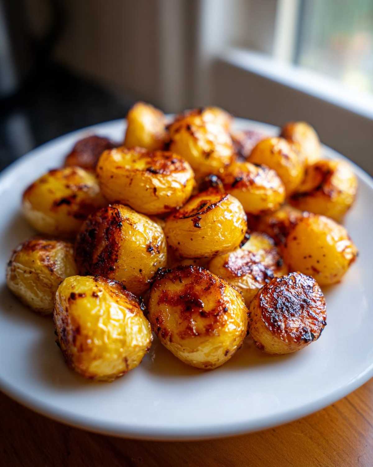 A close-up of golden brown, crispy Oven Roasted Baby Potatoes piled high on a white plate.