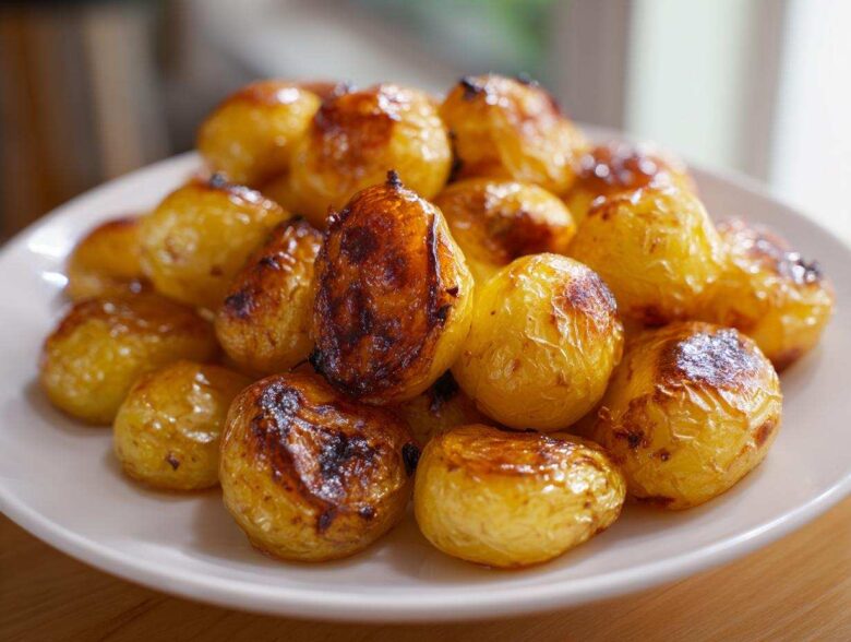 A close-up of golden brown, crispy Oven Roasted Baby Potatoes piled high on a white plate.