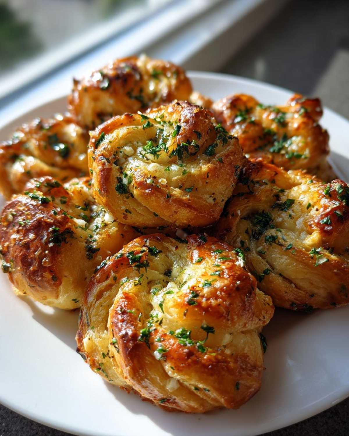 A pile of freshly baked Puff Pastry Garlic Knots glistening with butter and topped with chopped green parsley.