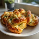 Close-up of golden brown Puff Pastry Garlic Knots topped with melted cheese and fresh green parsley on a white plate.
