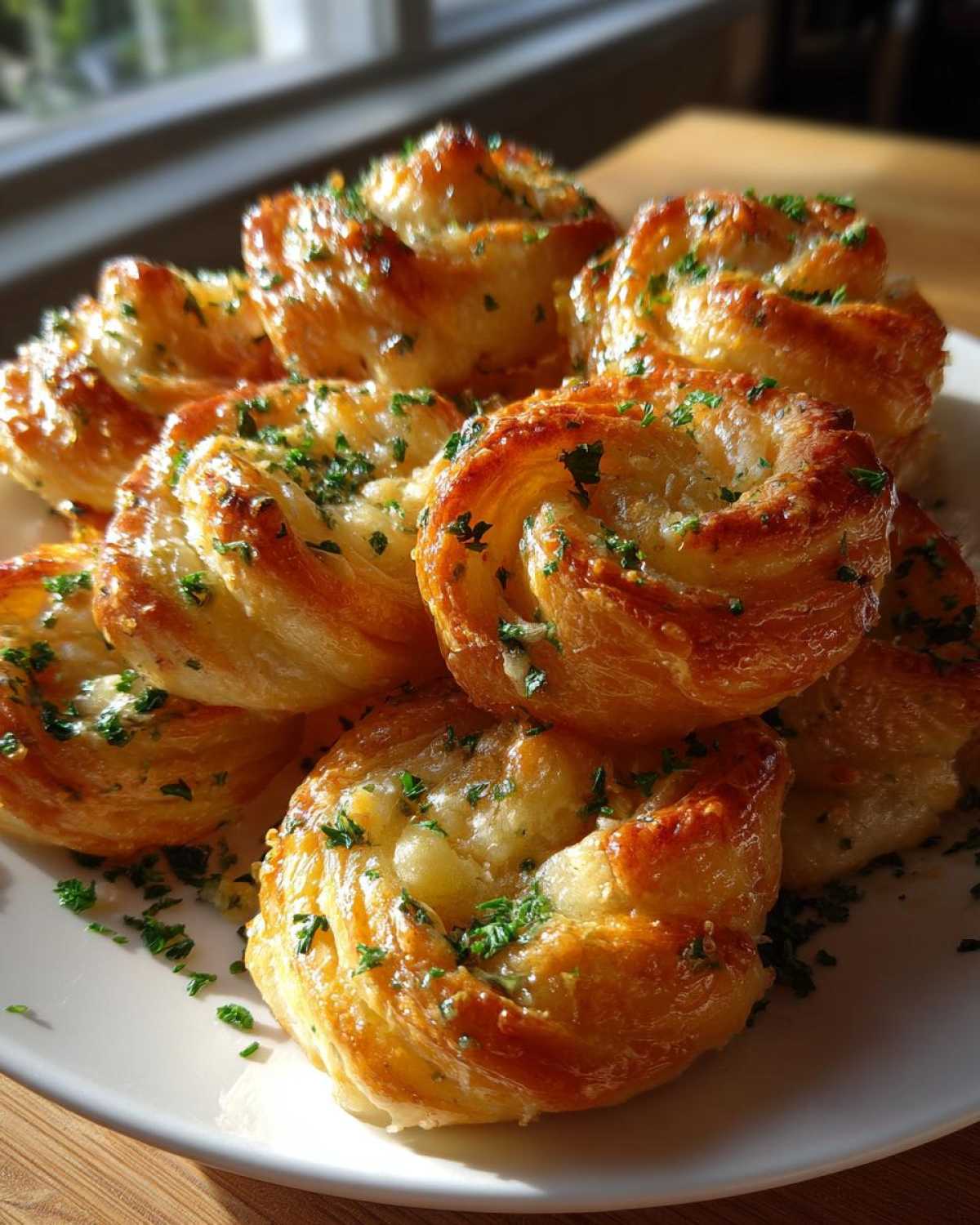 A pile of golden brown, flaky Puff Pastry Garlic Knots topped with melted butter and fresh chopped parsley.