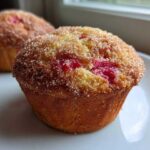 A close-up of a freshly baked Rhubarb Muffin with Cinnamon Sugar Topping, showing bright red rhubarb pieces.