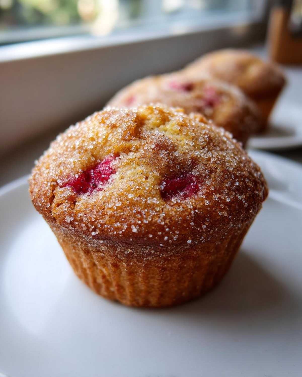 A close-up of a golden brown Rhubarb Muffin with Cinnamon Sugar Topping, featuring visible chunks of red rhubarb.