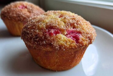 A close-up of a freshly baked Rhubarb Muffin with Cinnamon Sugar Topping, showing bright red rhubarb pieces.