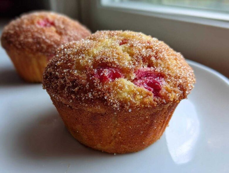 A close-up of a freshly baked Rhubarb Muffin with Cinnamon Sugar Topping, showing bright red rhubarb pieces.