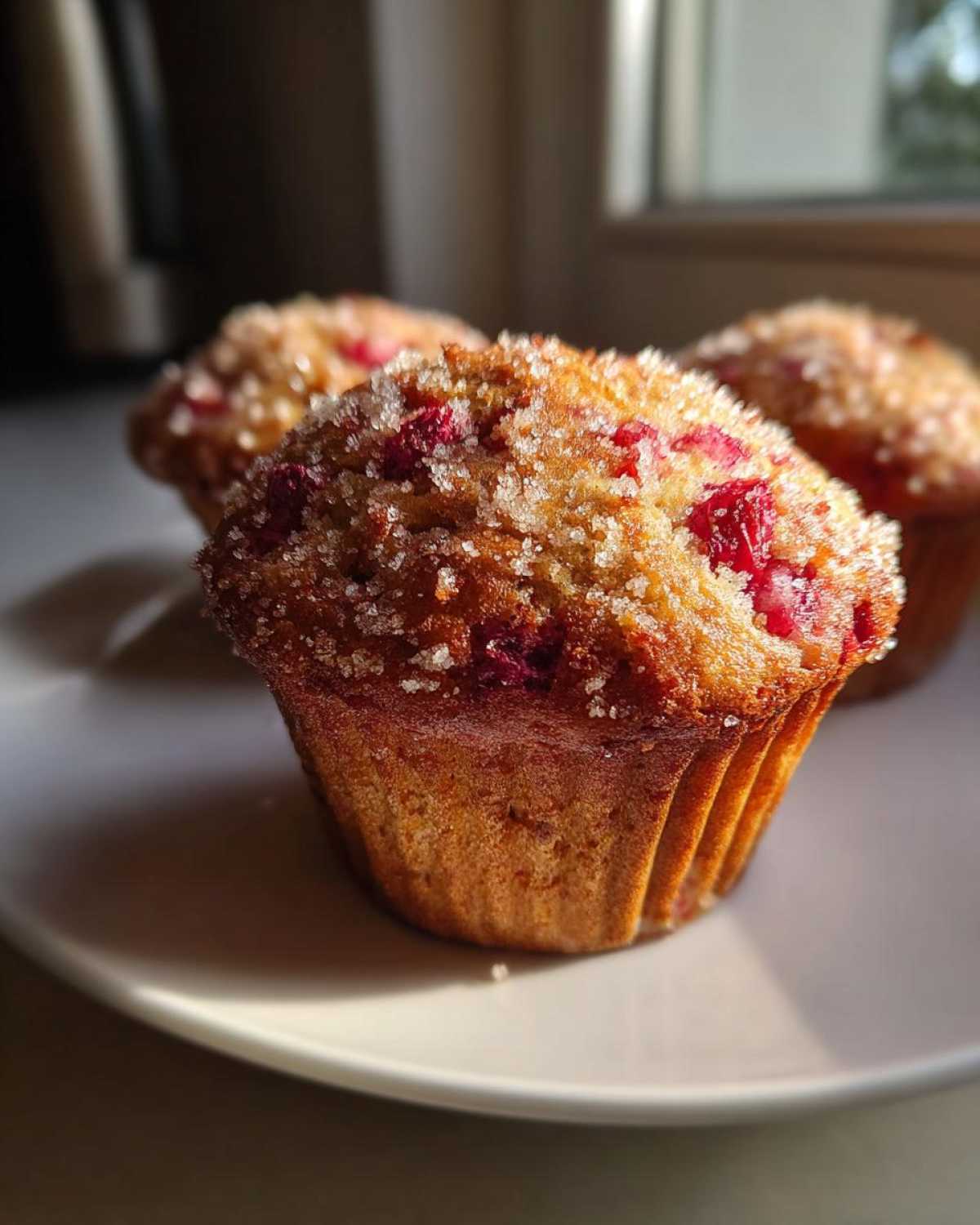 A close-up of a golden-brown Rhubarb Muffins with Cinnamon Sugar Topping, featuring visible chunks of rhubarb and sparkling sugar crystals.
