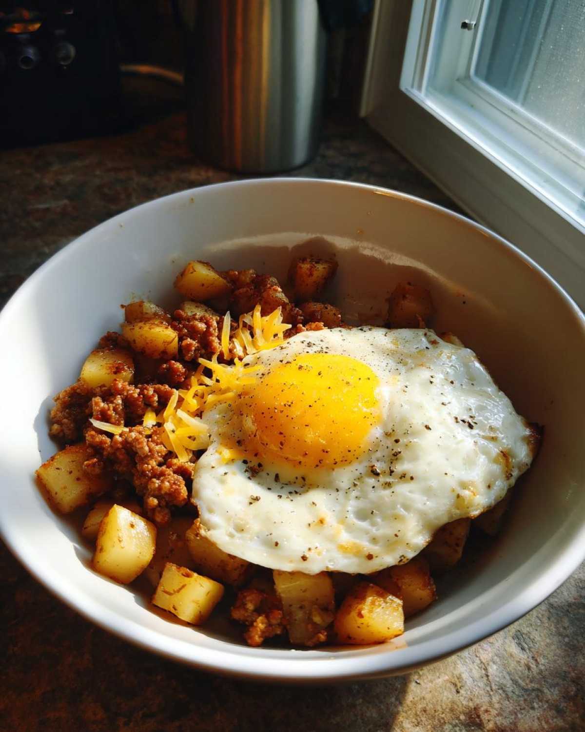 A close-up of a Sausage and Potato Breakfast Bowls topped with a sunny-side-up egg and shredded cheese.