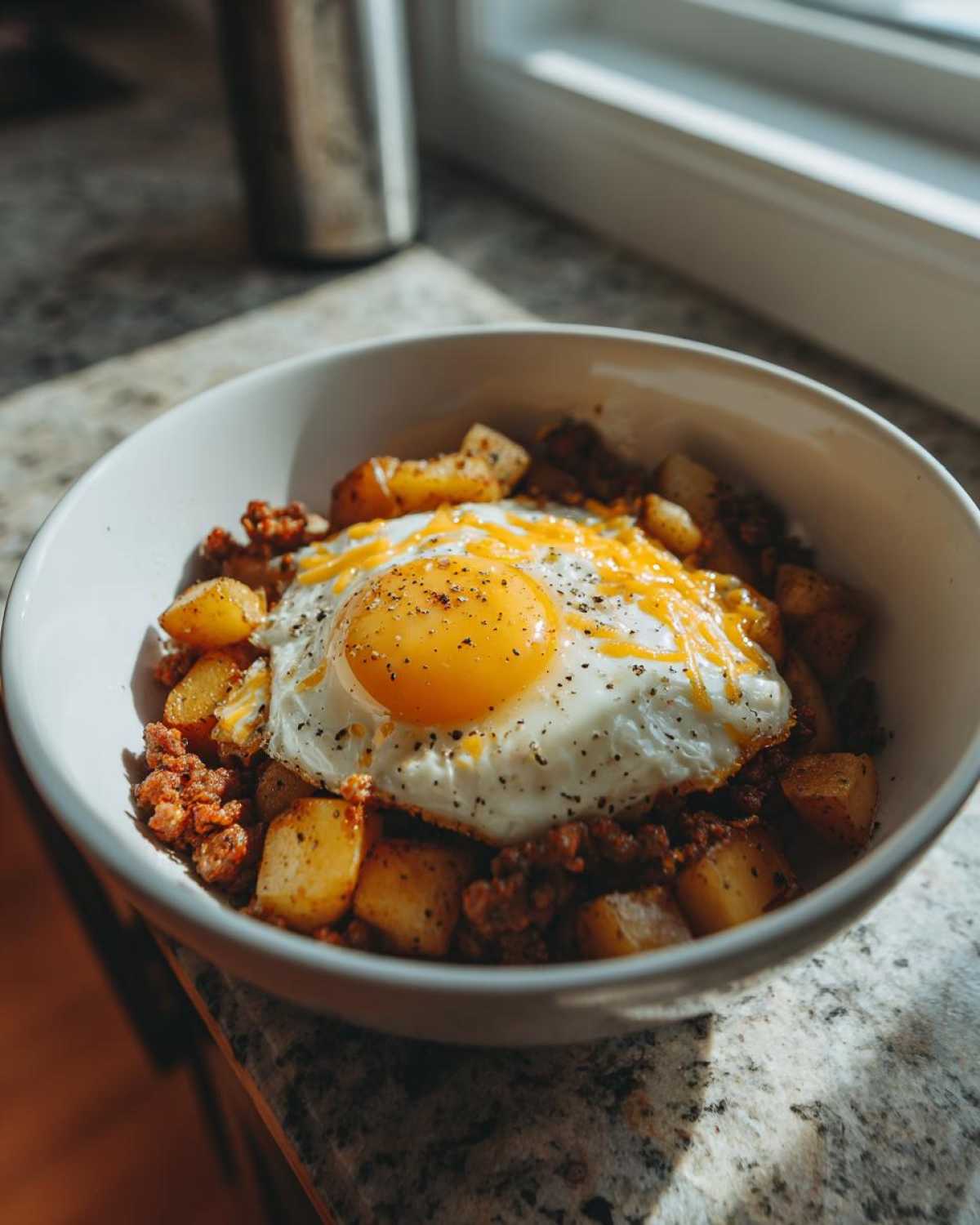 A close-up of Sausage and Potato Breakfast Bowls topped with a sunny-side-up egg and melted cheese.
