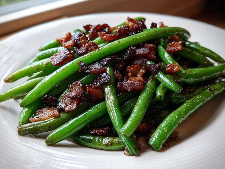 Vibrant green beans topped with crispy bacon pieces, ready to serve as Sautéed Green Beans with Crispy Bacon.