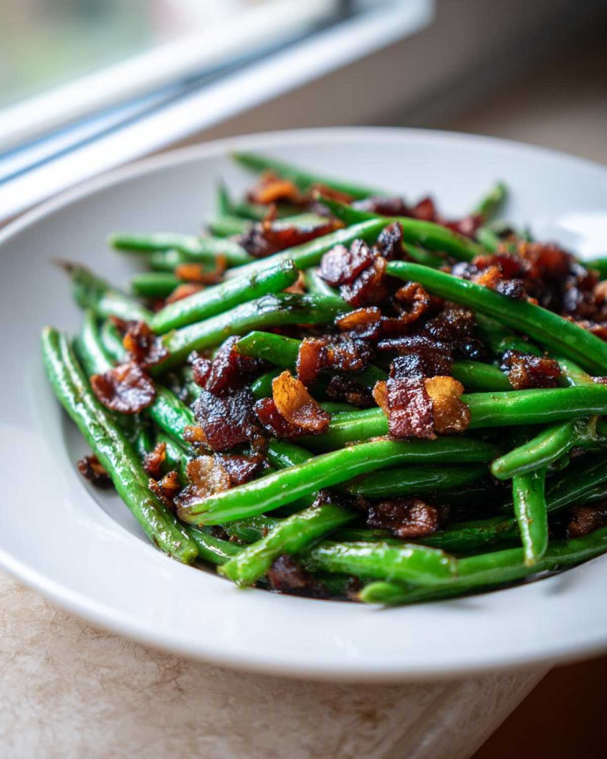 Close-up of vibrant green beans topped generously with crispy bacon pieces, served in a white bowl.