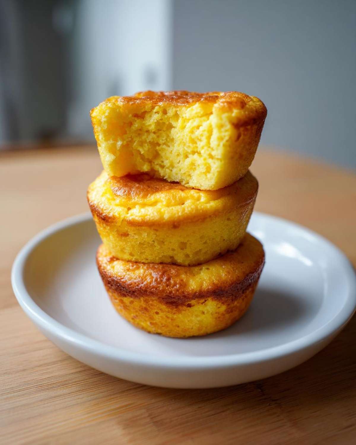 Three golden Starbucks Copycat Egg Bites stacked on a white plate, with a bite taken from the top one.