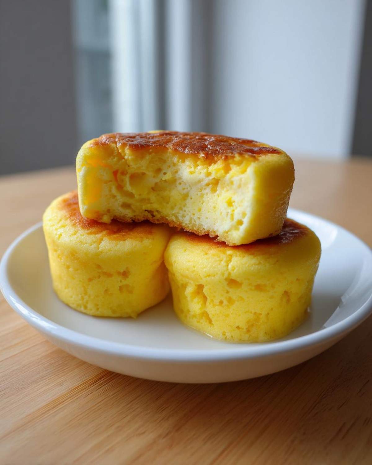 Three fluffy Starbucks Copycat Egg Bites stacked on a small white plate, one bitten into to show the texture.