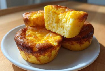 Three golden-brown Starbucks Copycat Egg Bites stacked on a white plate, one cut open to show the fluffy interior.