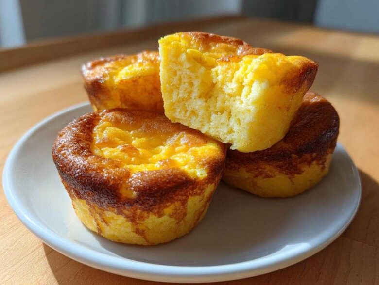 Three golden-brown Starbucks Copycat Egg Bites stacked on a white plate, one cut open to show the fluffy interior.