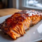 Close-up of a perfectly cooked Texas Roadhouse Style Baked Salmon fillet with a rich, dark glaze.