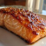 Close-up of a perfectly baked Texas Roadhouse Style Baked Salmon fillet with a shiny, caramelized glaze and visible spices.