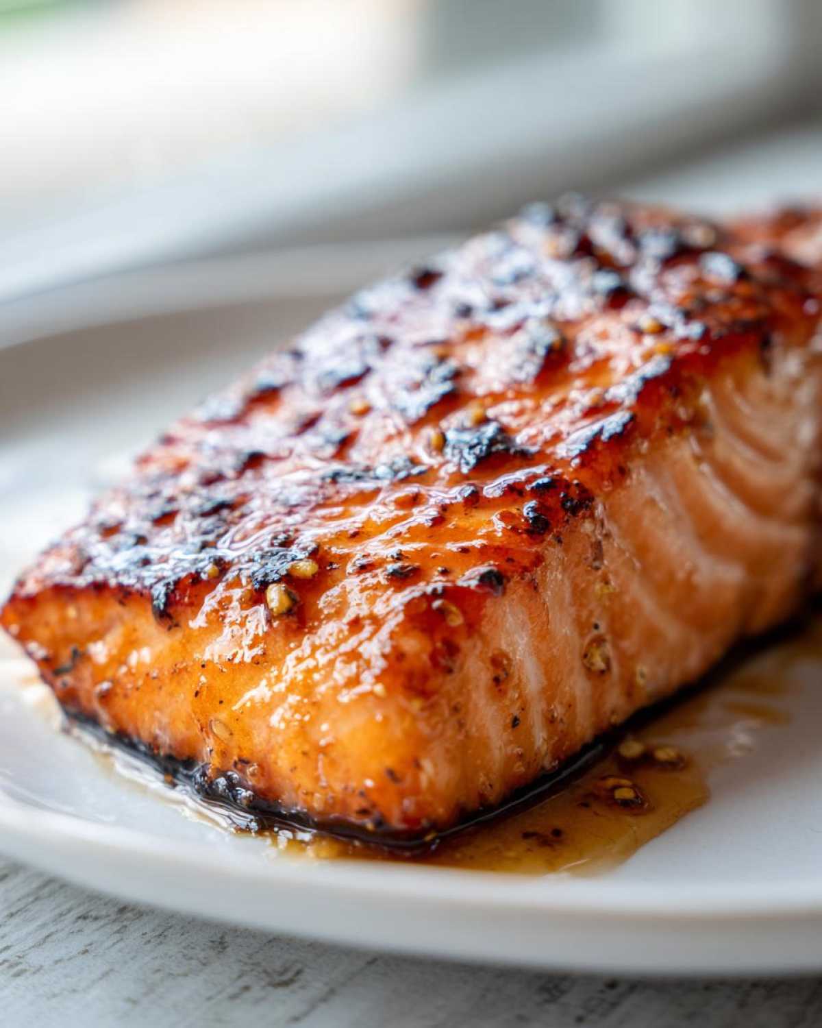 Close-up of a perfectly cooked, glazed Texas Roadhouse Style Baked Salmon fillet on a white plate.